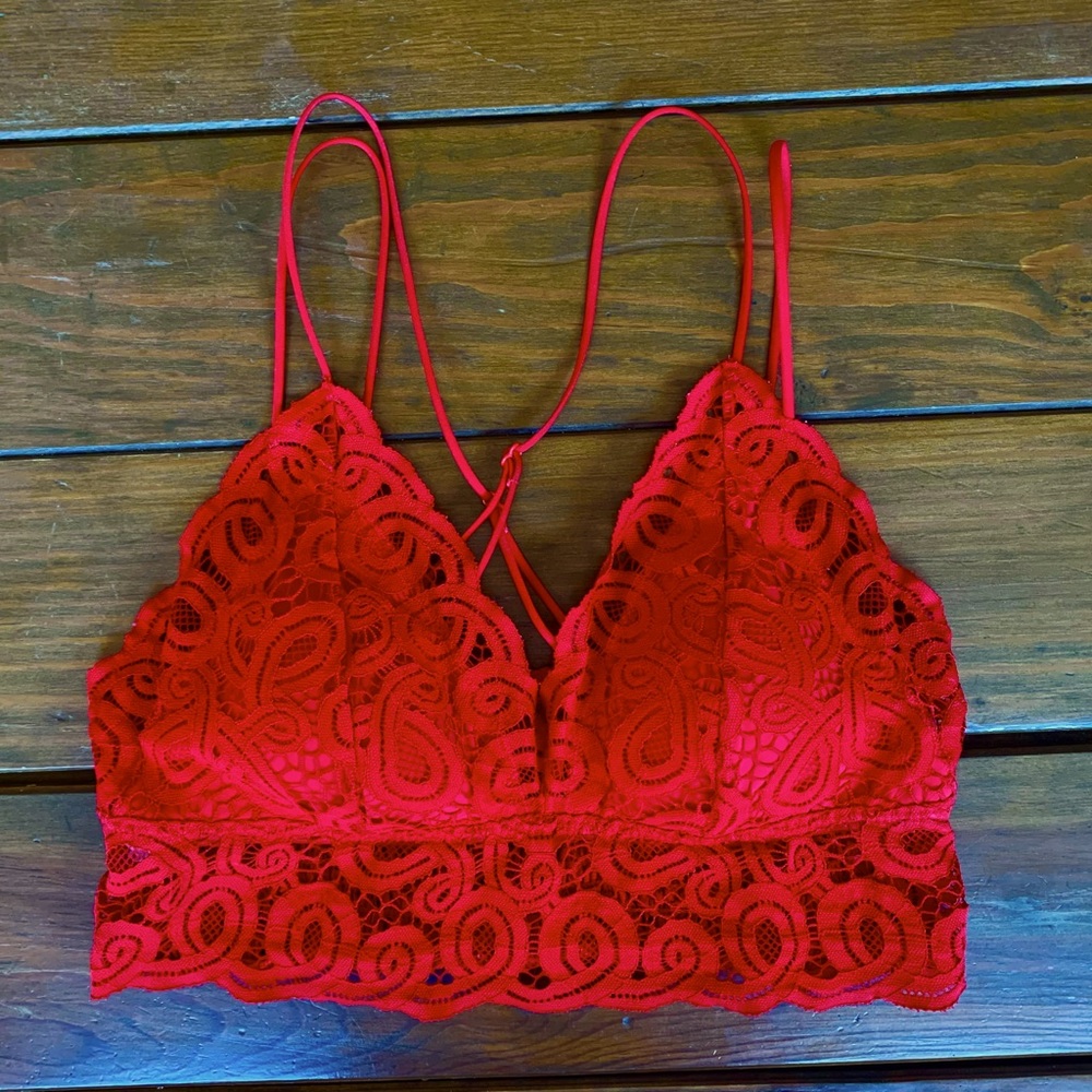 PINK Victoria’s Secret Long Lace Double Strap x-Back Bralette Size Large Red